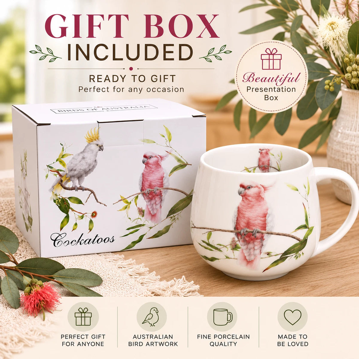 1-6x Australia Bird 400cc Fine Porcelain Coffee Mug Cockatoo Pink Yellow Tea Cup Gift