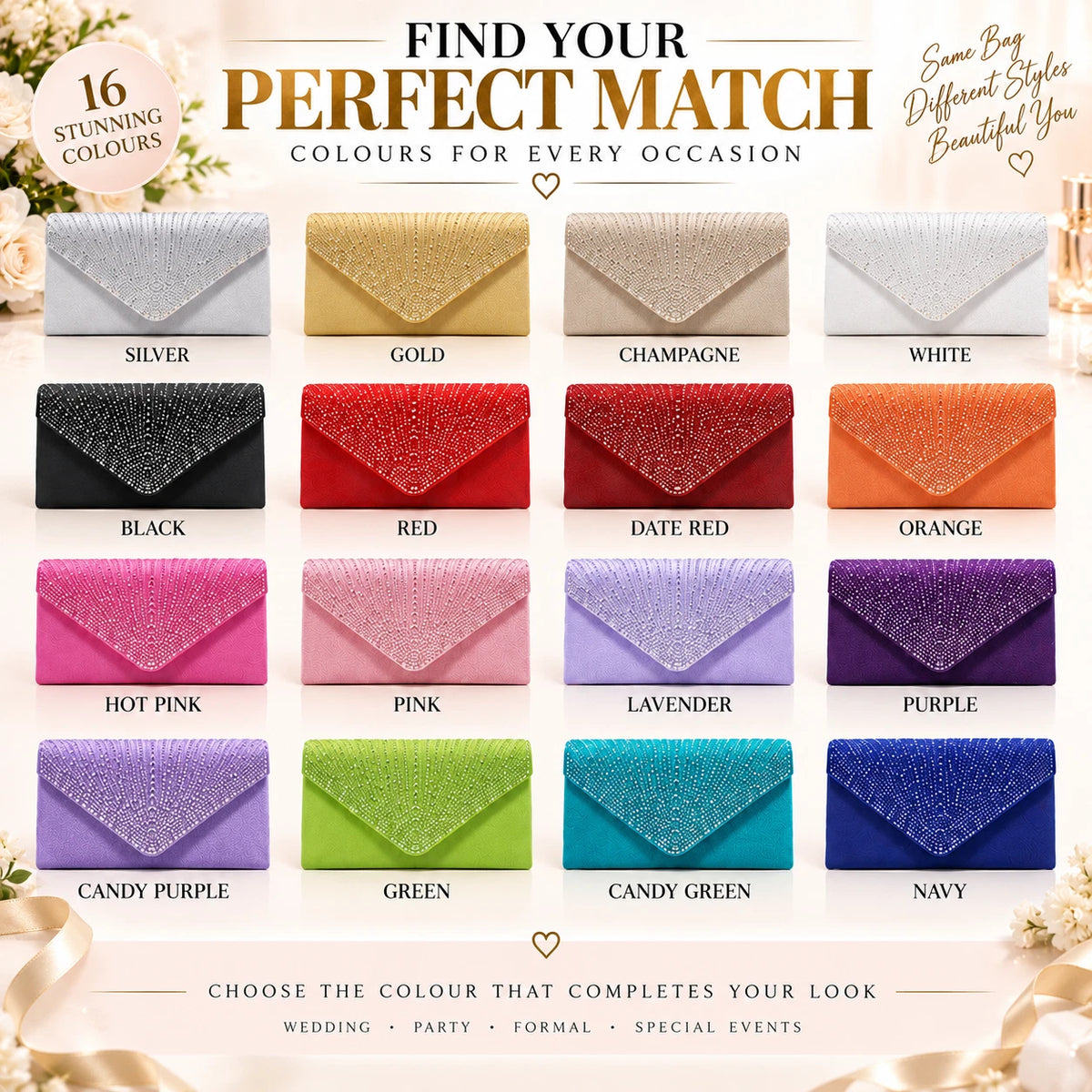 Women Rhinestone Satin Evening Clutch Bag Wedding Party Formal Bridal Handbag 12 Colour