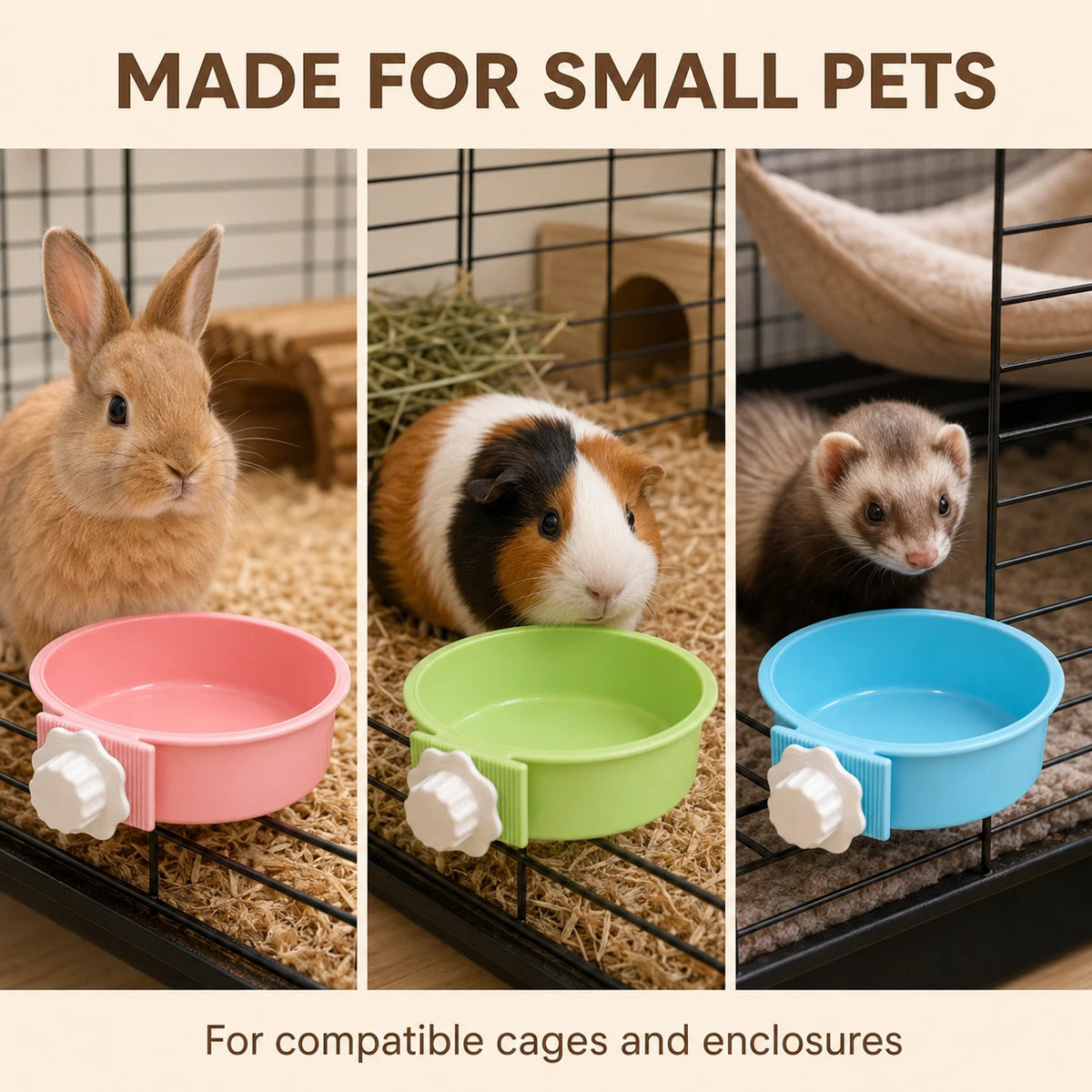 3 x 850ml Cage Hanging Pet Bowl Rabbit Guinea Pig Food Water Feeder Assorted