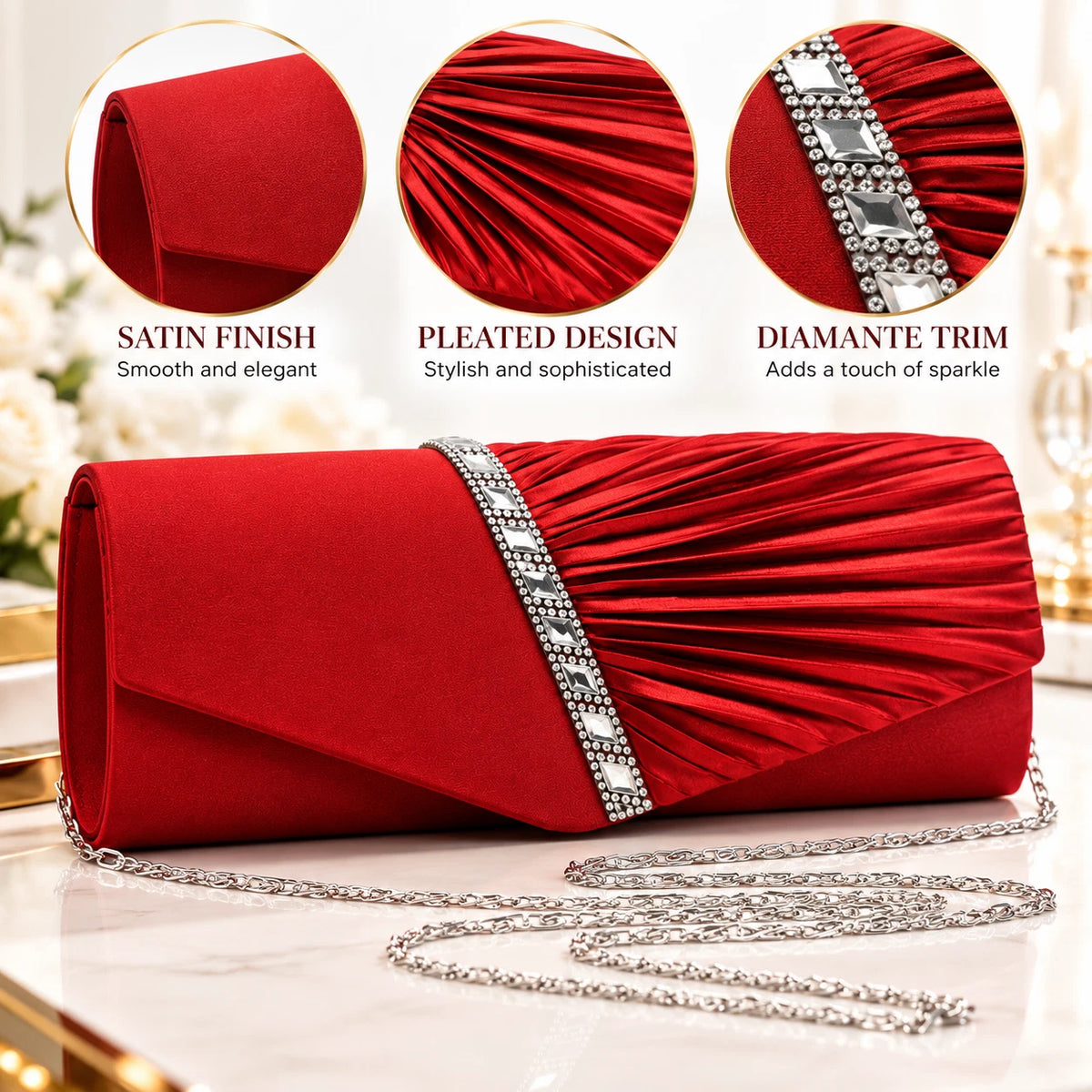 Women Satin Pleated Diamante Evening Clutch Bag Wedding Bridal Party Chain Bags 8 Colour