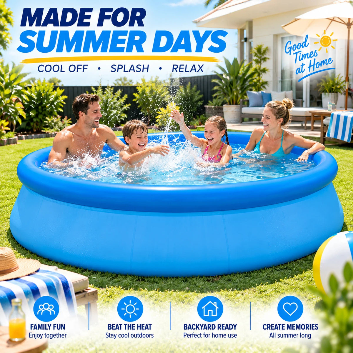 Large Inflatable Round Swimming Pool Easy Set Backyard Family Pool 183/244/305cm