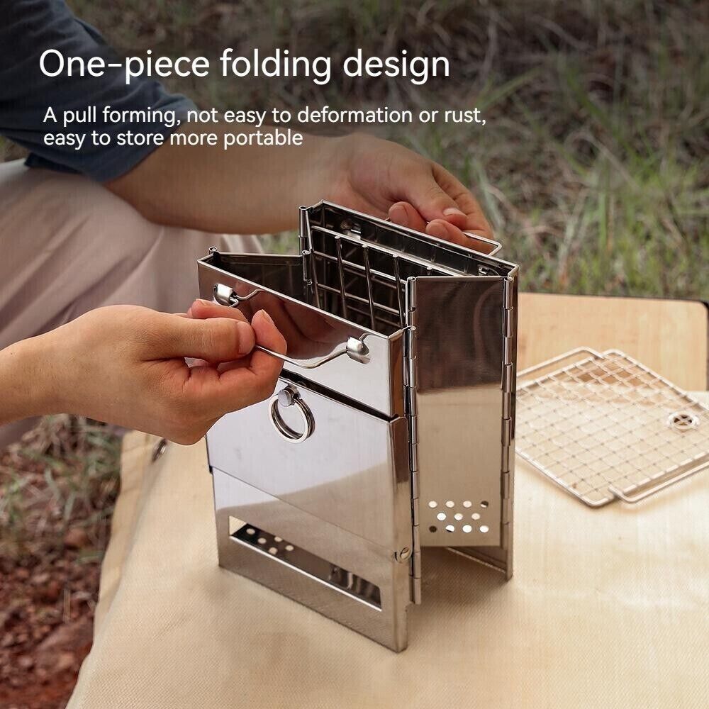 Outdoor Camping Mini Fold Wood Burner Stainless Steel Grill BBQ Picnic Charcoal
