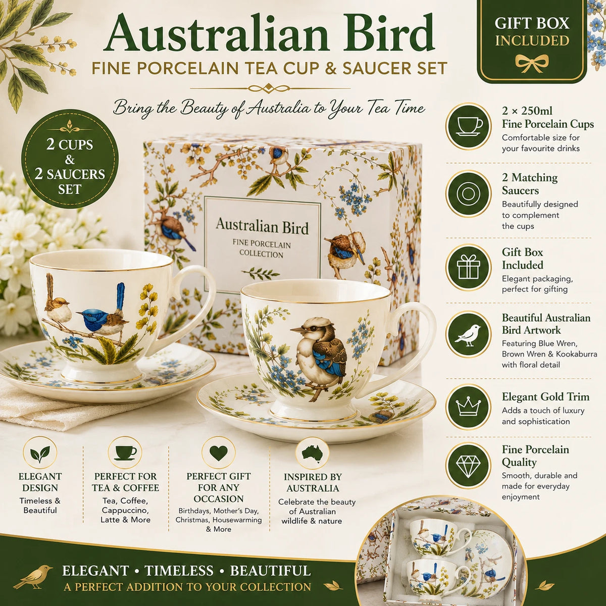 Set of 2 Cups & Saucers 250cc Australian Birds Blue Wren Fine Porcelain Gift Box