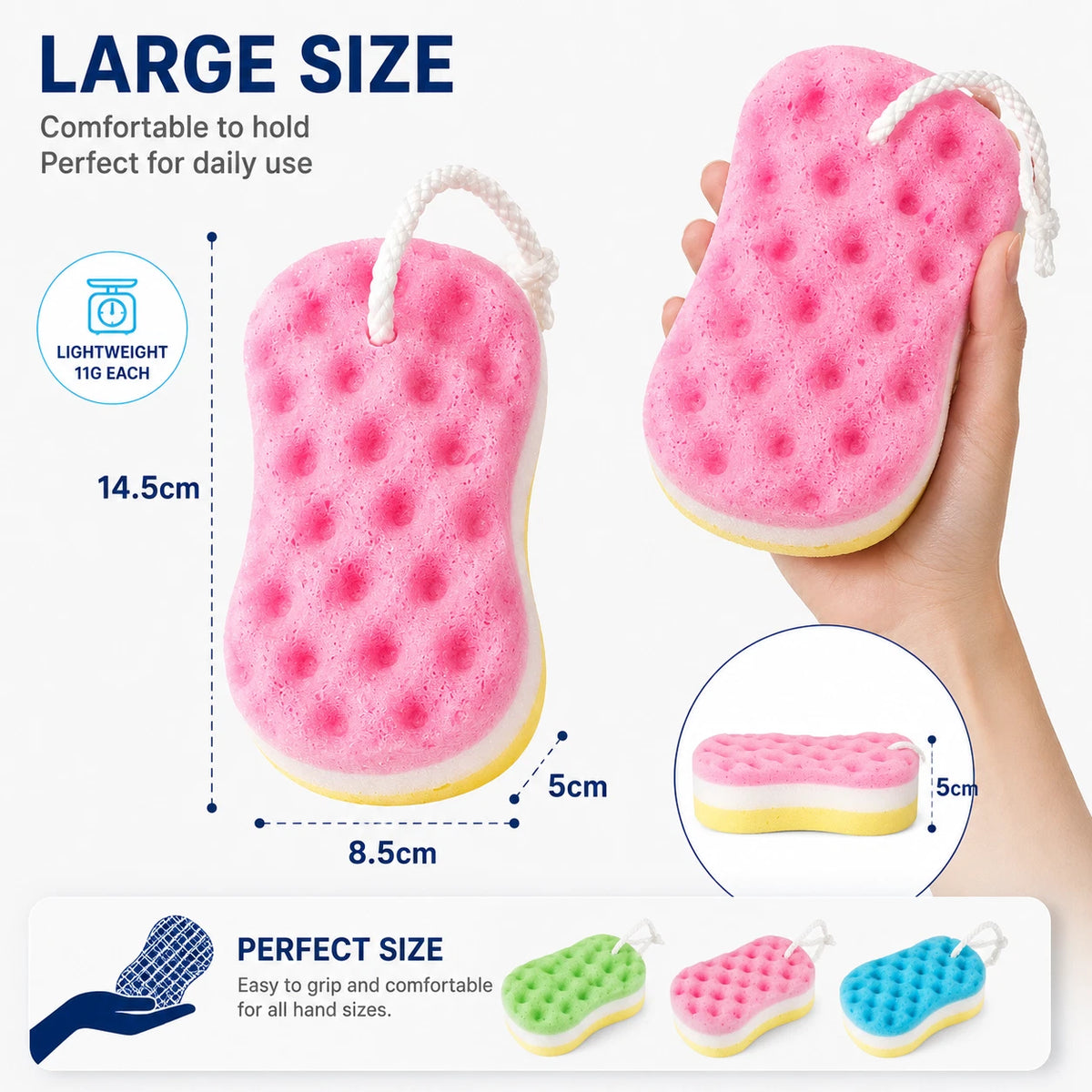 3x Bath Shower Sponge w Rope Deep Cleaning Body Scrubber Exfoliating Soft Foam