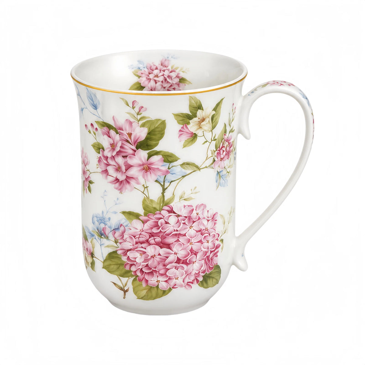 1-6x 405ml Fine Porcelain Mug Pink Hydrangea Floral Tea Coffee Cup Gift Home Office