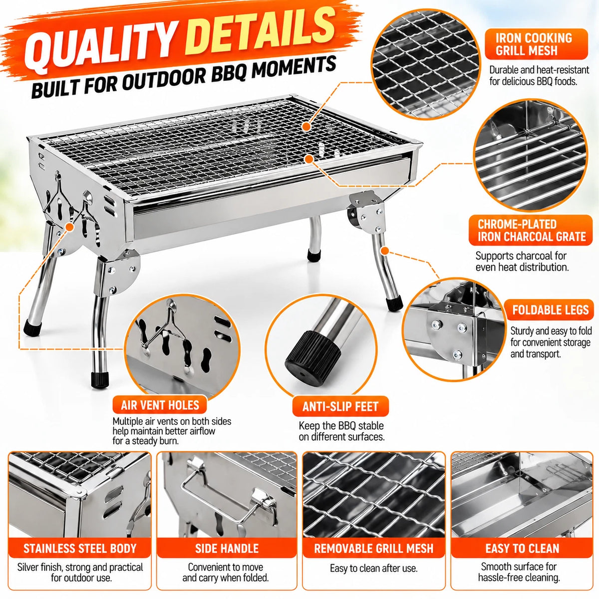 Portable Charcoal BBQ Grill 48cm Foldable Stainless Steel Camping Outdoor Barbecue #BBQHH001