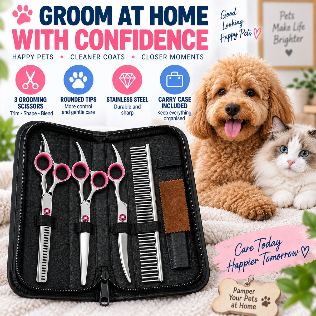 7" Dog Grooming Scissors Set Straight Curved Thinning Shears Stainless Steel
