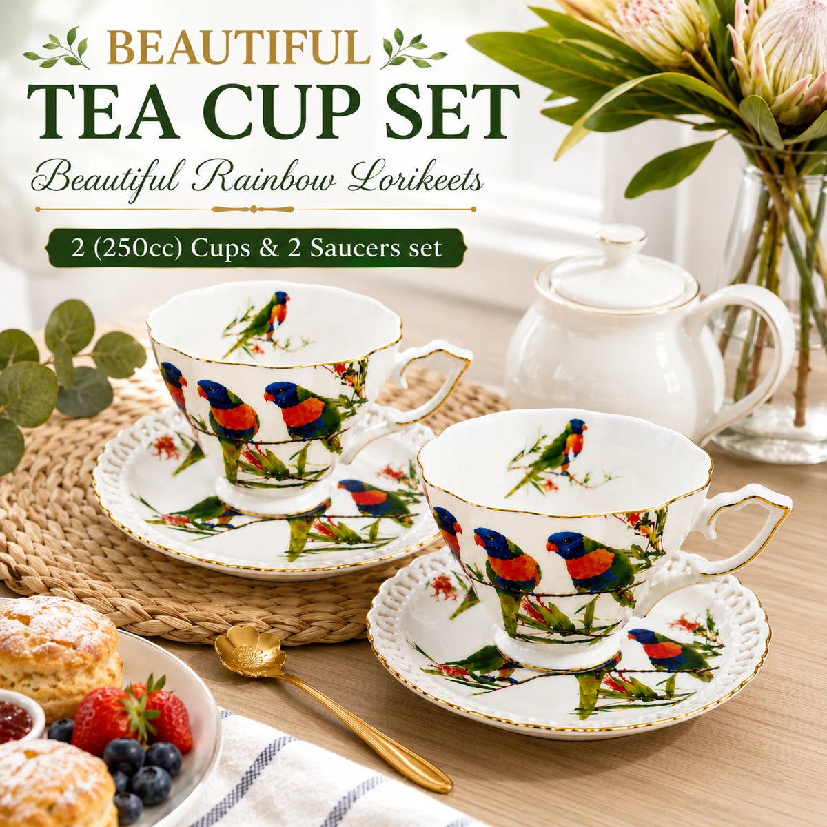 Set of 2 Cups & Saucers 250cc Rainbow Lorikeets Bird Fine Porcelain Gift Box