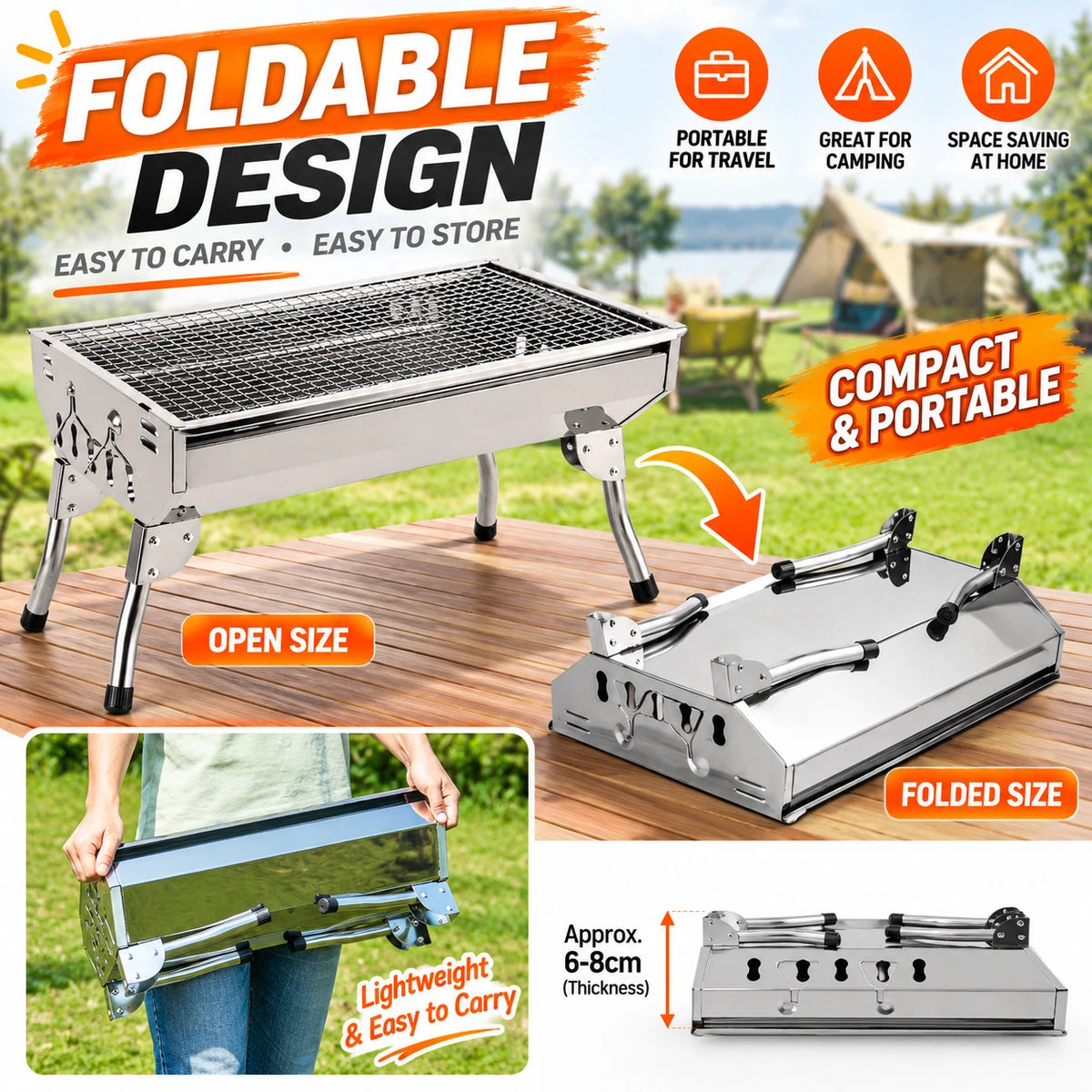 Portable Charcoal BBQ Grill 48cm Foldable Stainless Steel Camping Outdoor Barbecue #BBQHH001