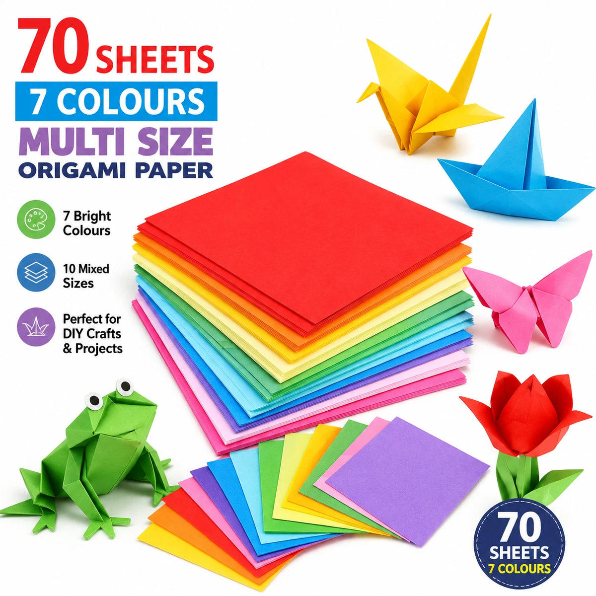 2 Pack 70 Sheets Origami Paper 7 Colours Square Folding Craft Paper Mixed Sizes DIY Kid