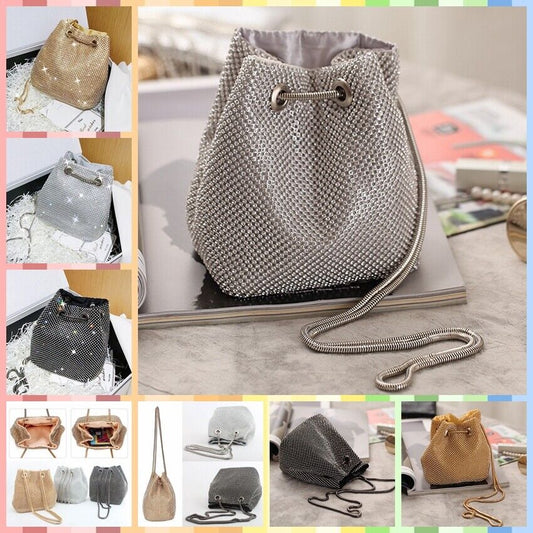 Women Sparkly Shining Rhinestone Party Prom Bridal Bucket Bag Evening Clutch