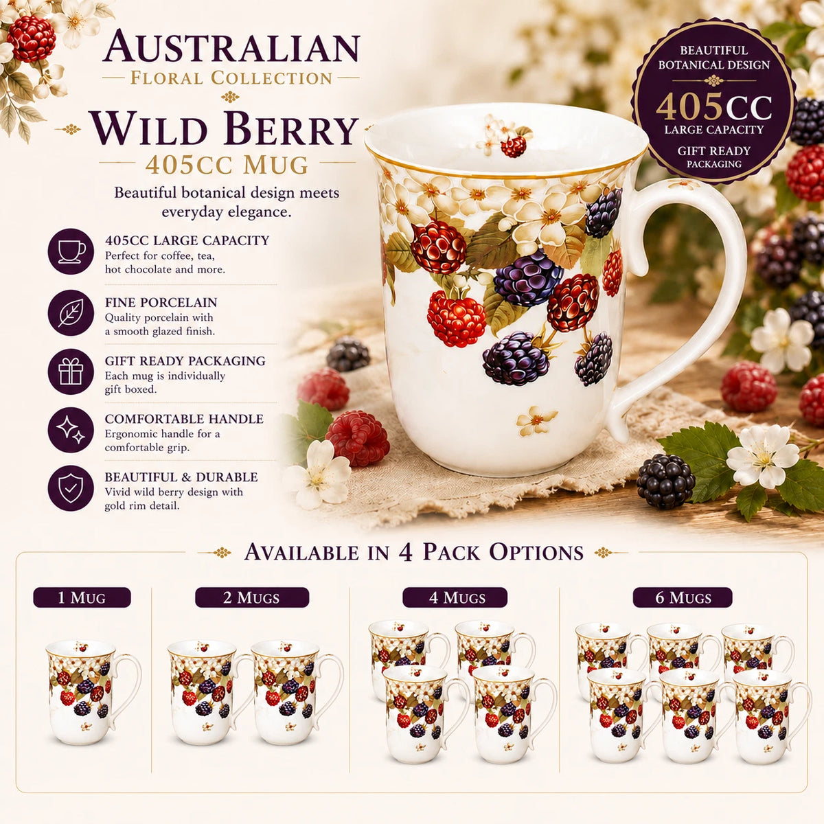 1-6x Wild Berry Floral Fine Porcelain Mug 405cc Coffee Flowers Tea Cup Gift
