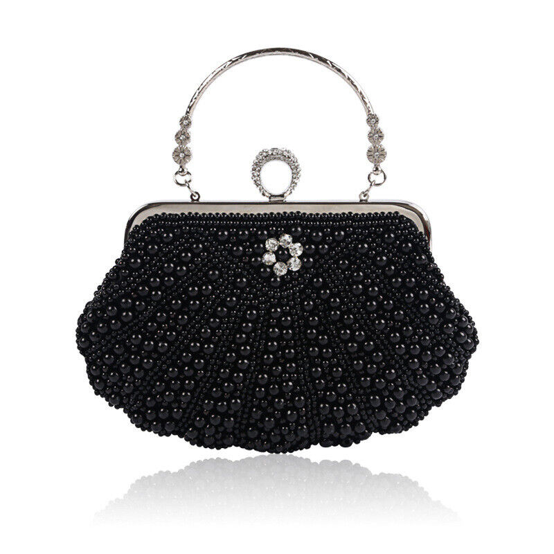 Women Sparkling Faux Pearl Bead Top Handle Bag Wedding Prom Party Evening Clutch