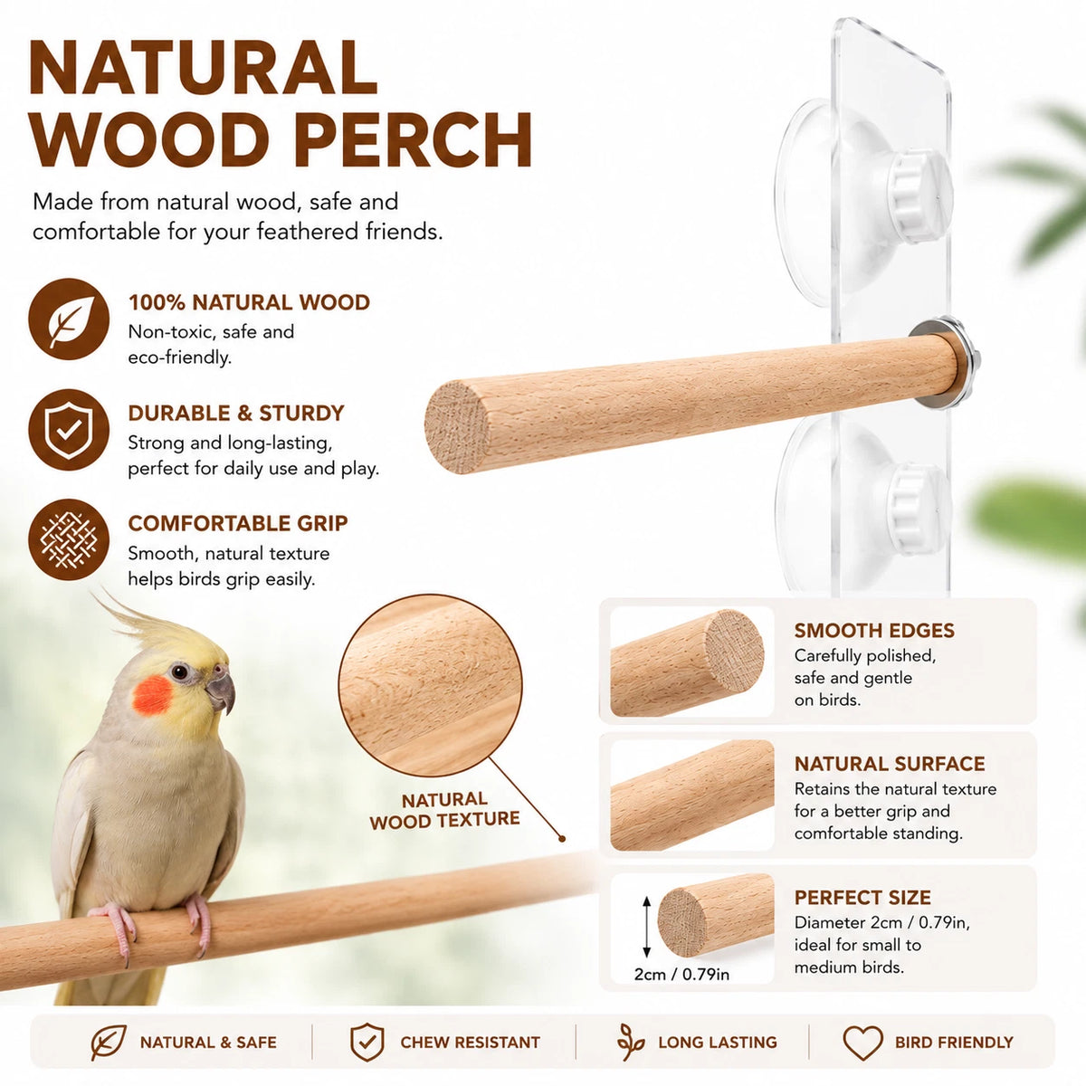 Natural Wood Bird Window Perch 25cm Suction Cup Seat Stand For Budgie Cockatiel