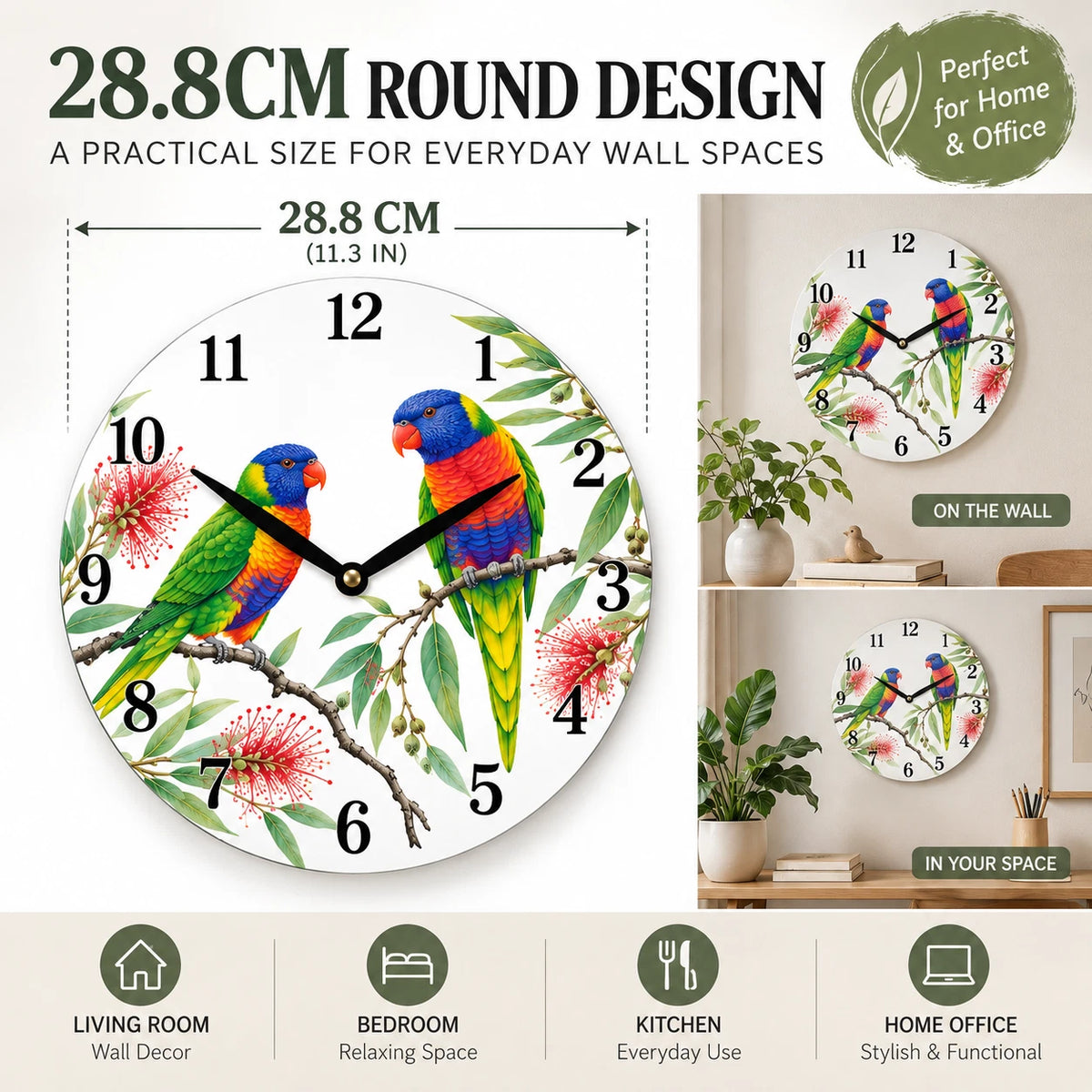28.8cm Wall Clock Australian Birds Animal Wildlife MDF Round Home Decor