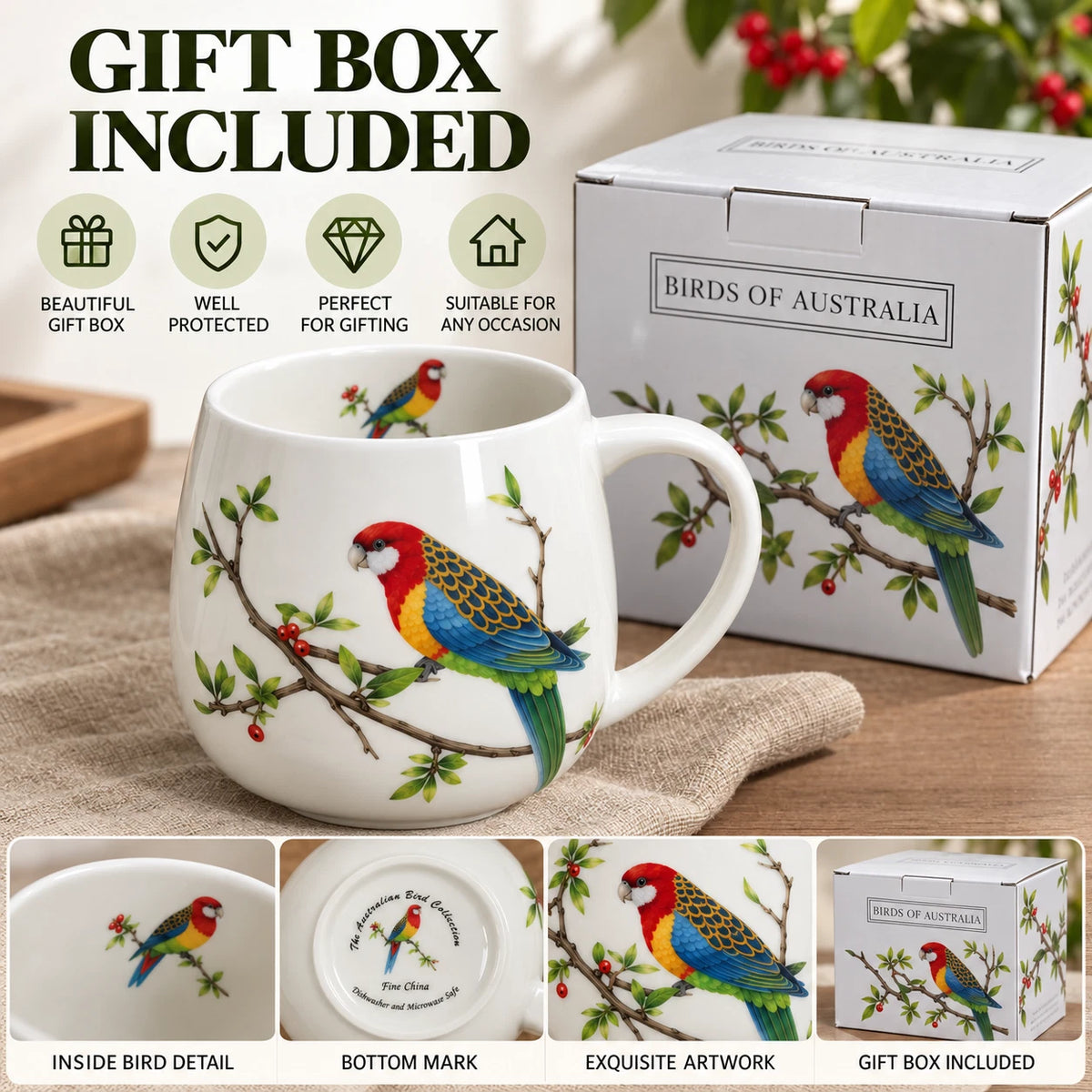 1-6X 400ml Rosella Australian Bird Fine Porcelain Coffee Tea Mug Cup Gift Boxed