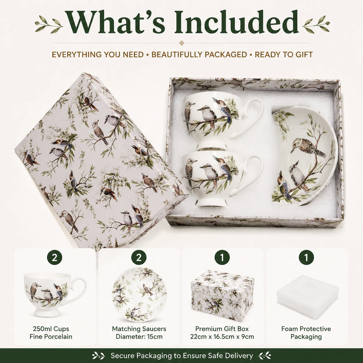 Set of 2 Cups & Saucers 250cc Australian Bird Kookaburra Fine Porcelain Gift Box