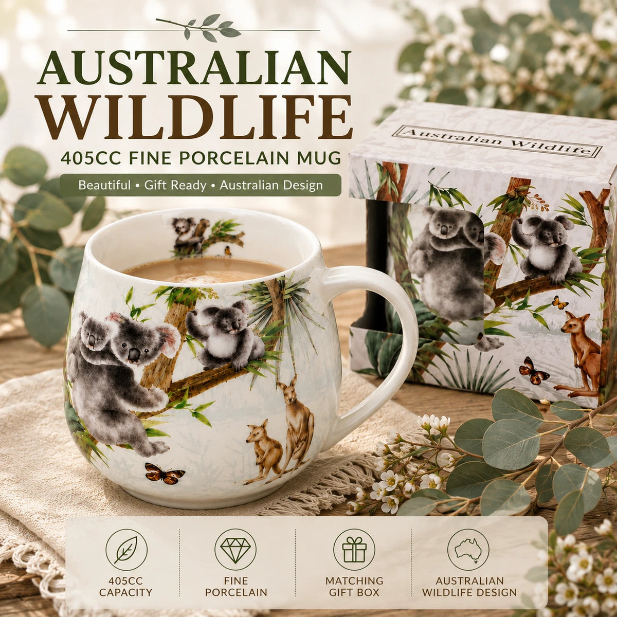 1-6x Australian Wildlife Koala Mug 400cc Fine Porcelain Coffee Tea Cup Gift Box