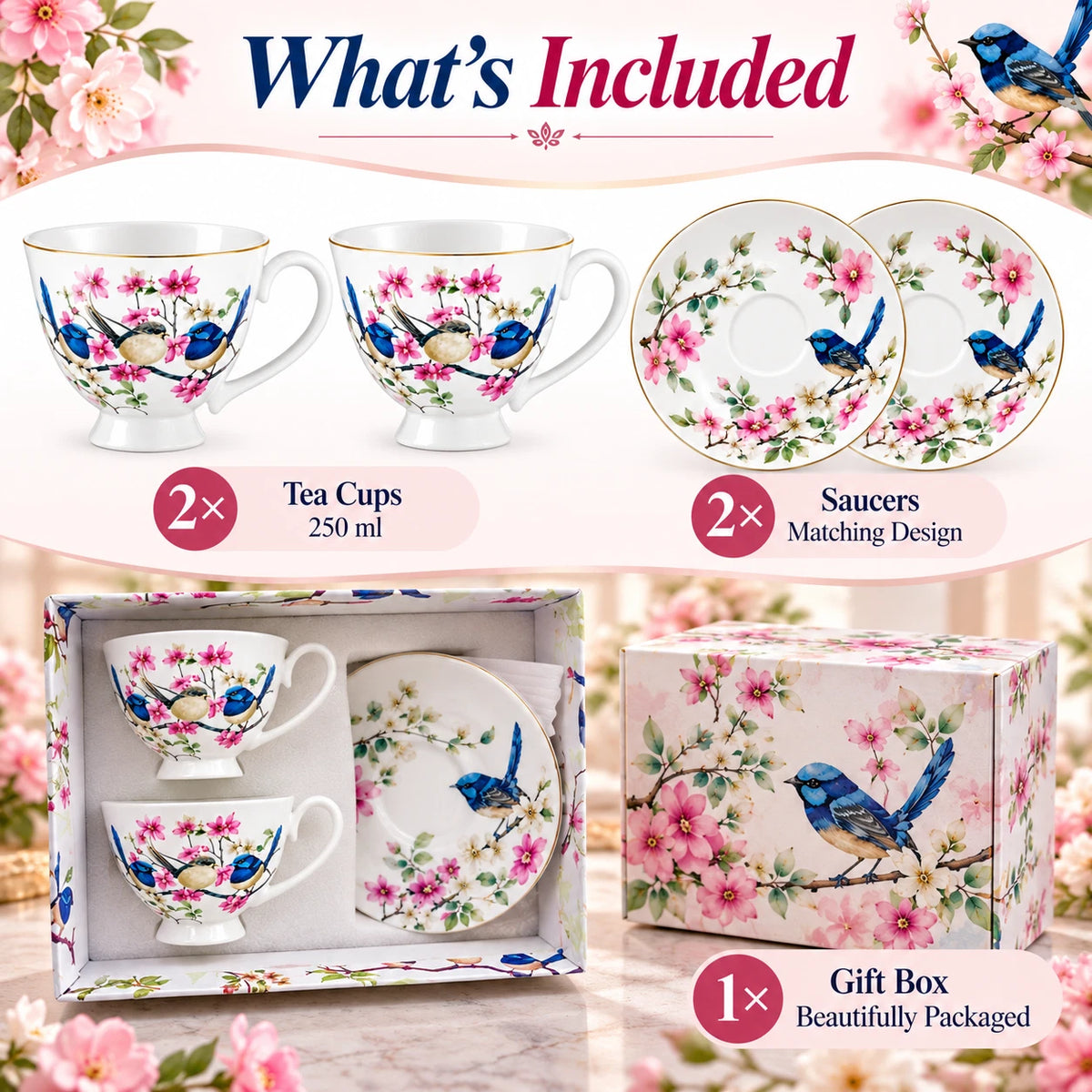 Set of 2 Cups & Saucers 250cc Australian Blue Wren Bird Fine Porcelain Gift Box