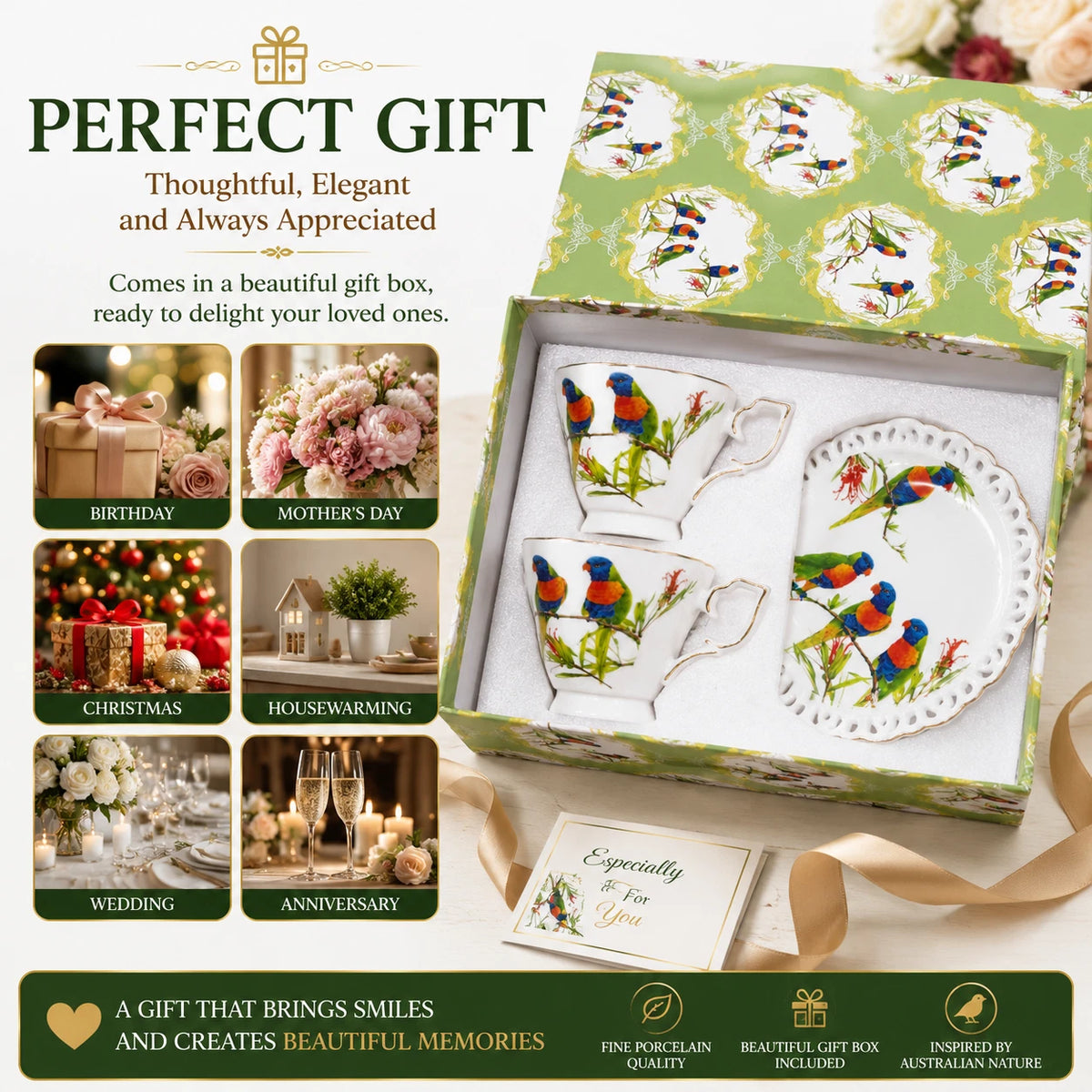 Set of 2 Cups & Saucers 250cc Rainbow Lorikeets Bird Fine Porcelain Gift Box