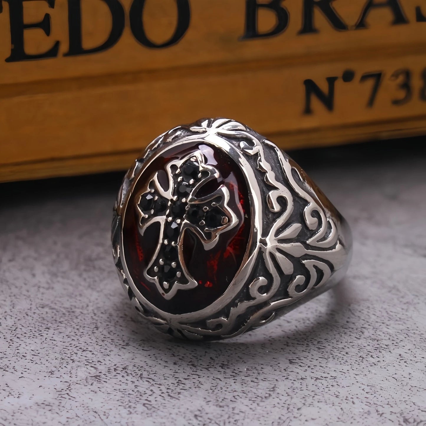 Men Gothic Cross Ring Silver with Black Cross & Red Inlay Punk Biker Signet Band # R37
