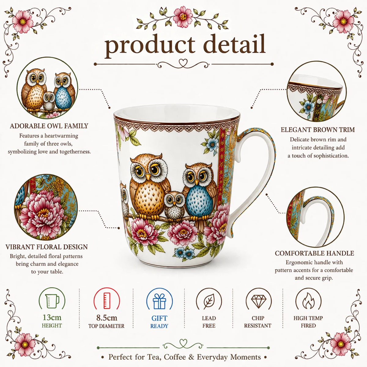 1-6x Owl 405ml Fine Porcelain Coffee Mug Tea Cup Floral Gift Box Gift Box