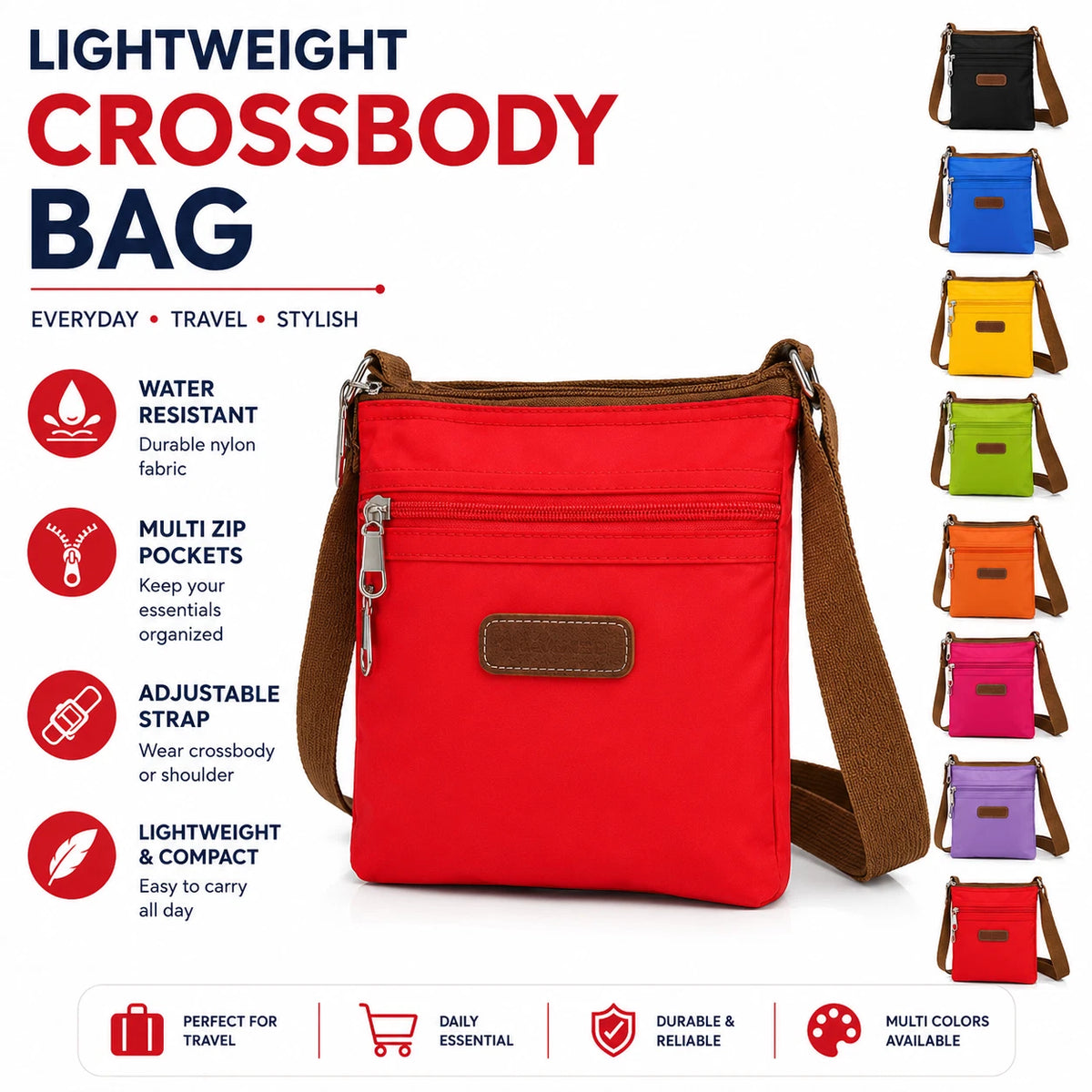 Women Lightweight Nylon Crossbody Bag Waterproof Travel Strap Shoulder Satchel