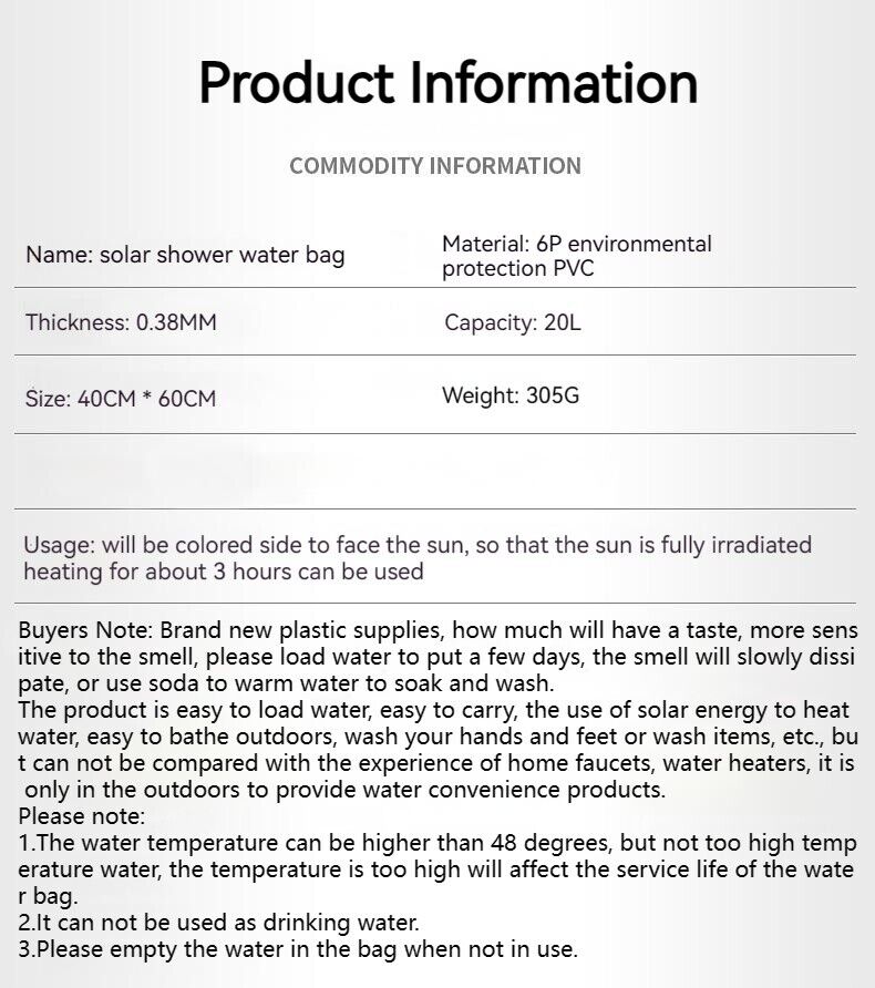 Foldable Shower Bag Solar Heat Camping Hiking Travel Water Storage Bag 20L 40L