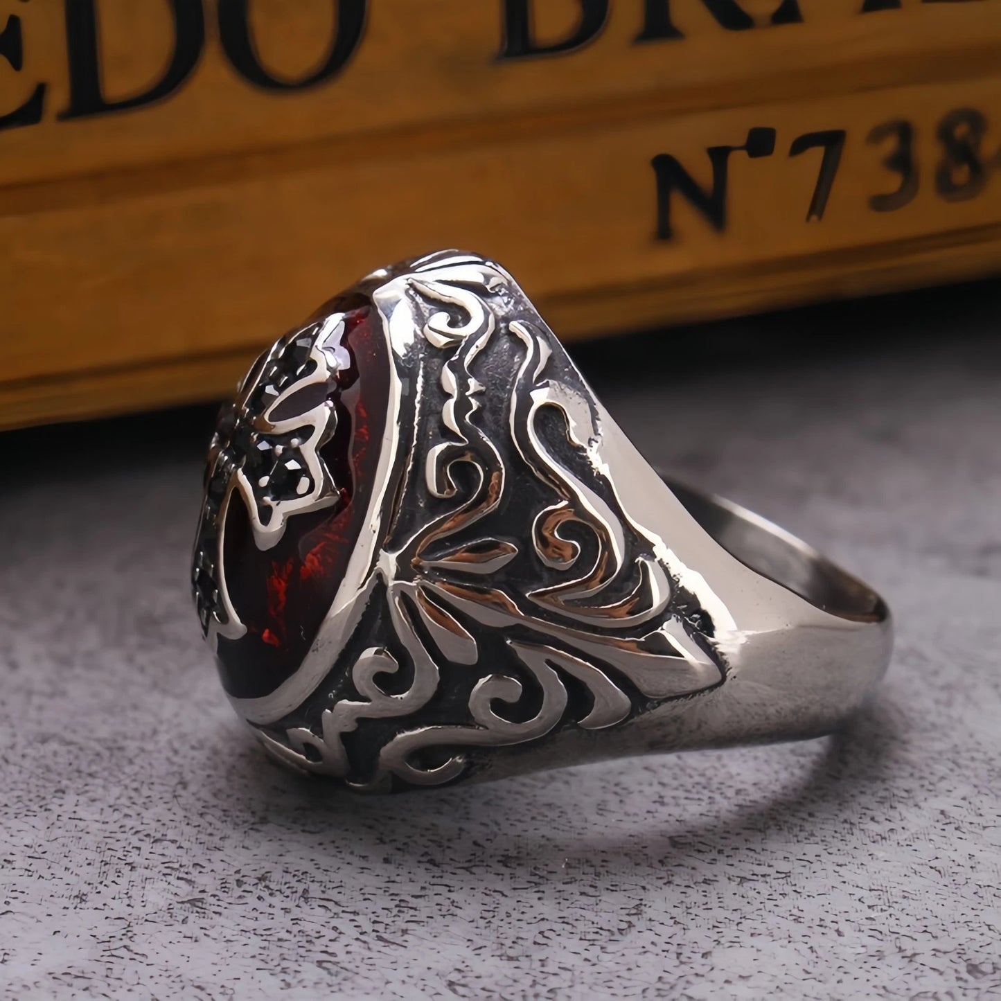 Men Gothic Cross Ring Silver with Black Cross & Red Inlay Punk Biker Signet Band # R37