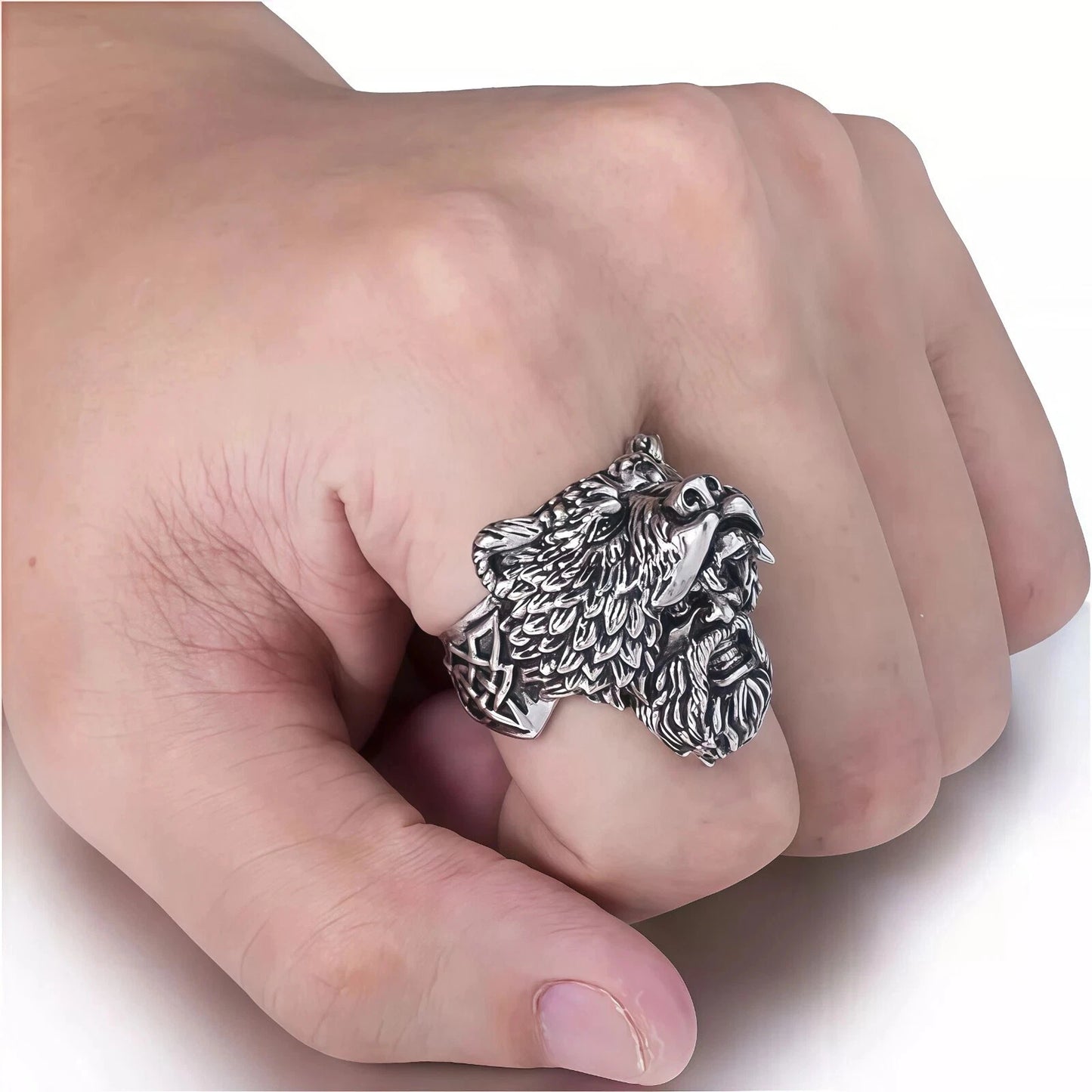 Men's Premium Norse Viking Ring Bear Head & Warrior Gothic Punk Style Biker Band # R96