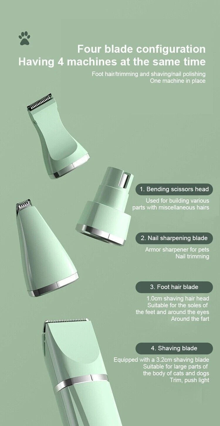 4 in 1 Pet Grooming Clipper Kit Dog Cat Hair Trimmer Nail Grinder Low-noise USB