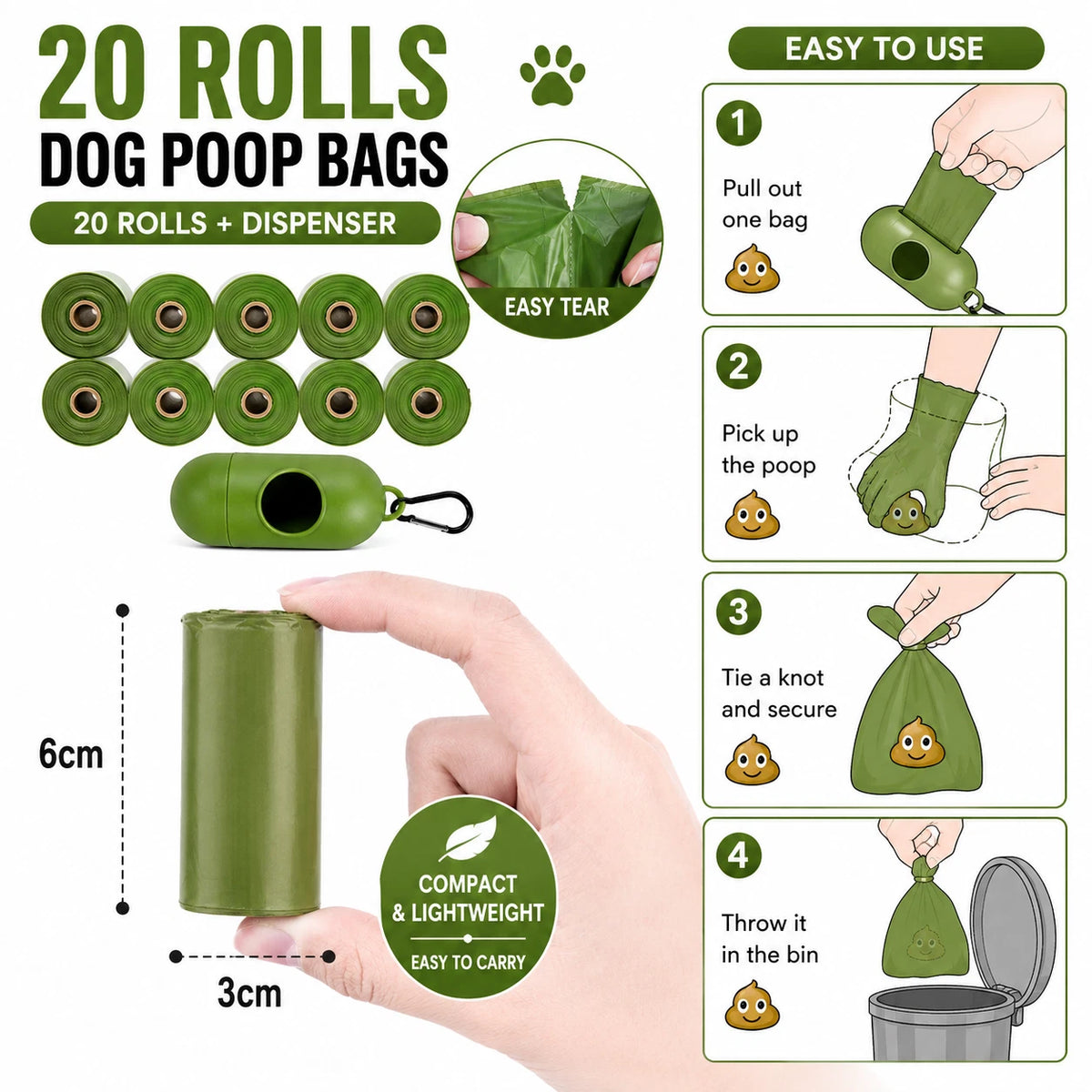 Share 20 Rolls Dog Poop Bags with Dispenser Strong Leak Resistant Waste Bags Easy Tear