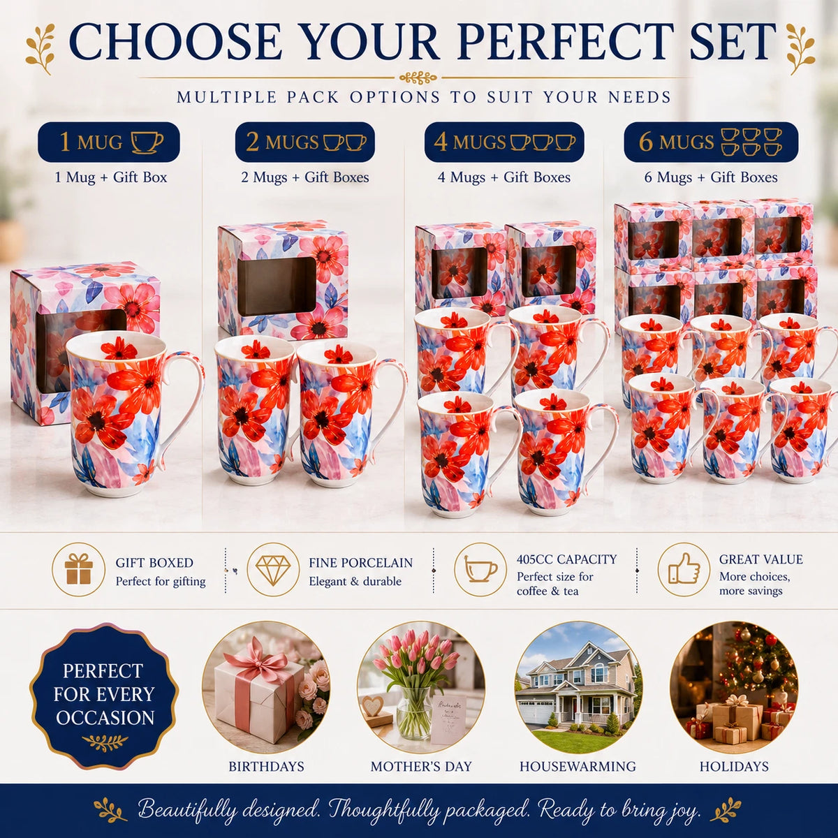 1-6x Watercolour Flora Fine Porcelain Coffee Mug 405cc Coral Flowers Tea Cup
