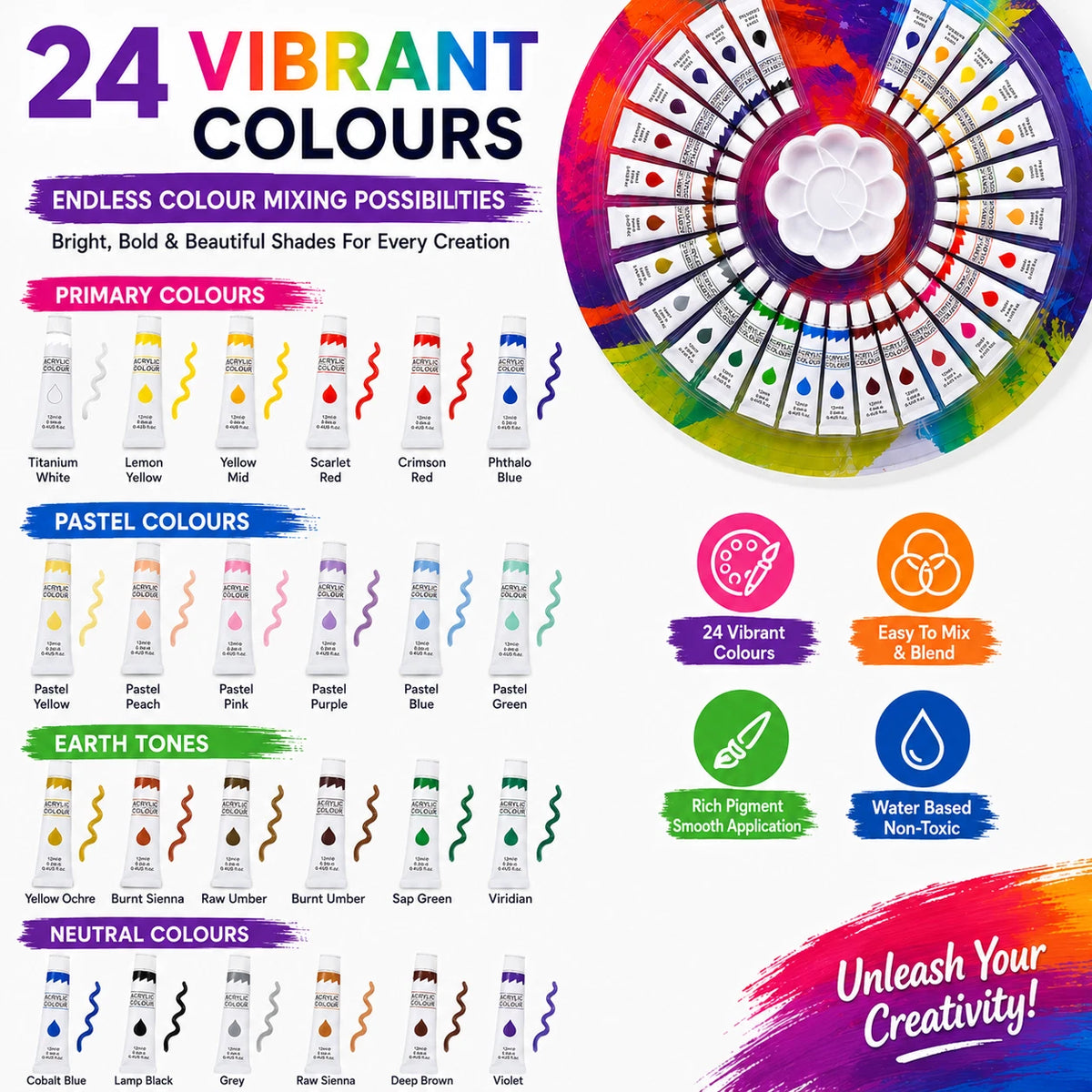 24 Colour Acrylic Paint Set 12ml Tubes with Palette Water Based Art Craft Paint