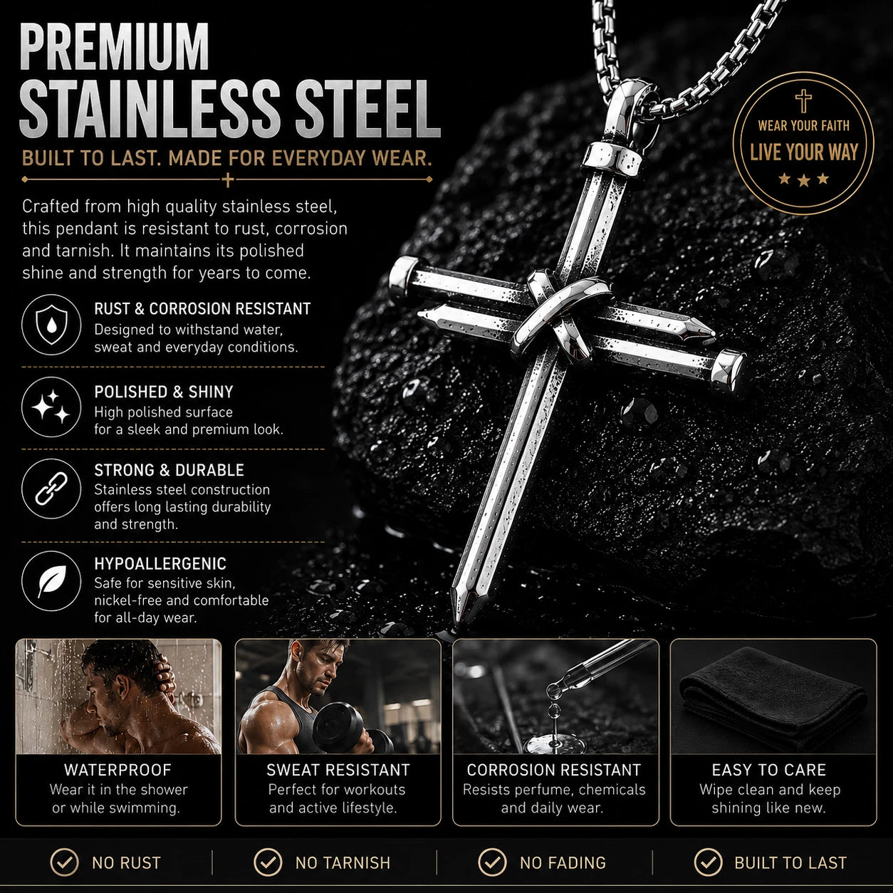 Men Stainless Steel Nail Cross Necklace Silver Crucifix Pendant Religious Jewelry Chain PN0328