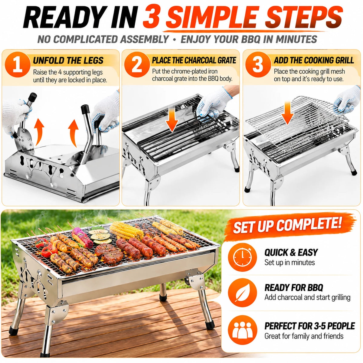 Portable Charcoal BBQ Grill 48cm Foldable Stainless Steel Camping Outdoor Barbecue #BBQHH001