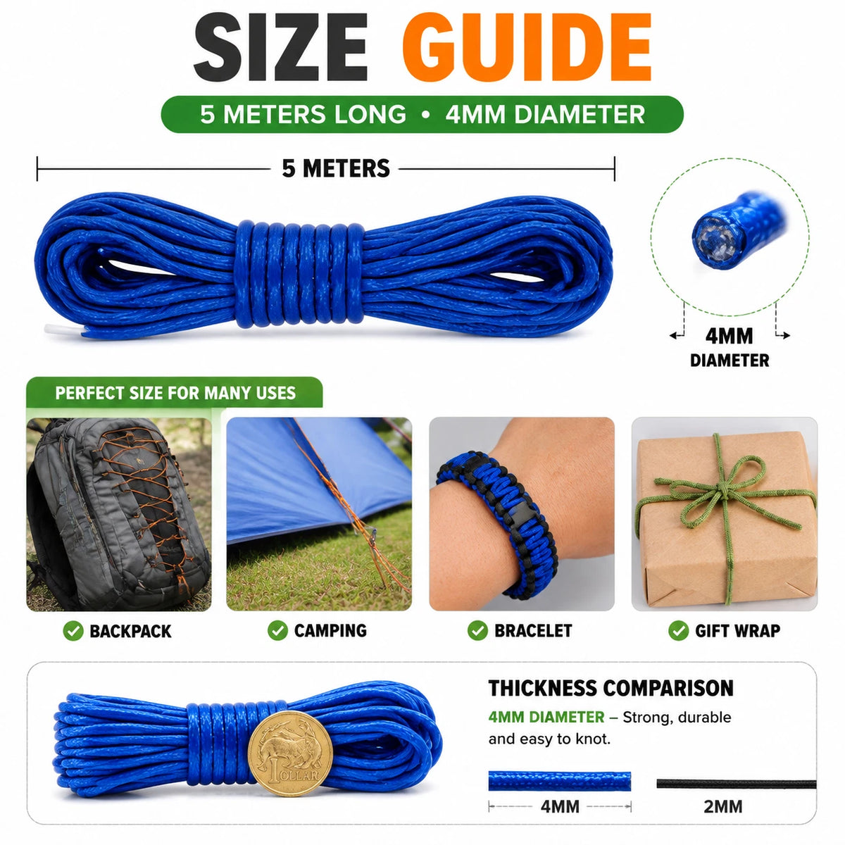 6 Pack 5M 4MM Nylon Braided Cord Rope Craft Camping Hiking DIY Macrame Binding 6 Color