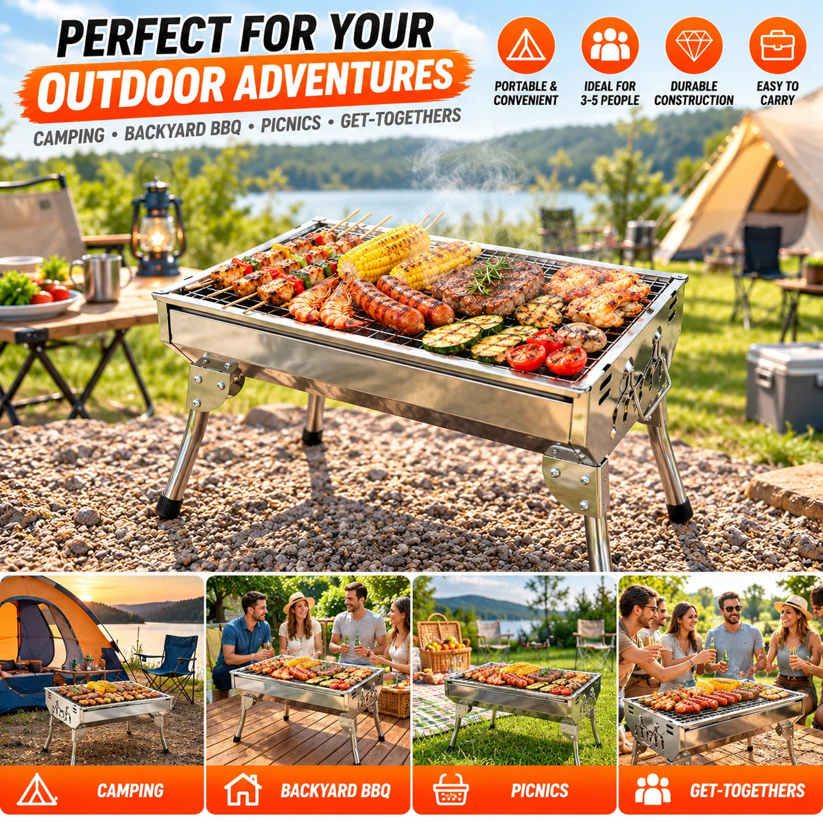 Portable Charcoal BBQ Grill 48cm Foldable Stainless Steel Camping Outdoor Barbecue #BBQHH001