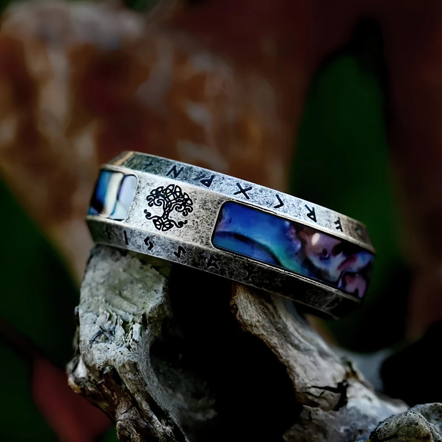 Men Viking Tree of Life Ring Abalone Nordic Engraved Rune Yggdrasil Symbol Band R351