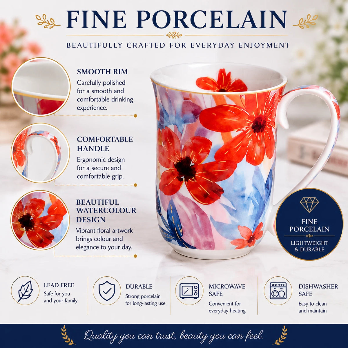 1-6x Watercolour Flora Fine Porcelain Coffee Mug 405cc Coral Flowers Tea Cup