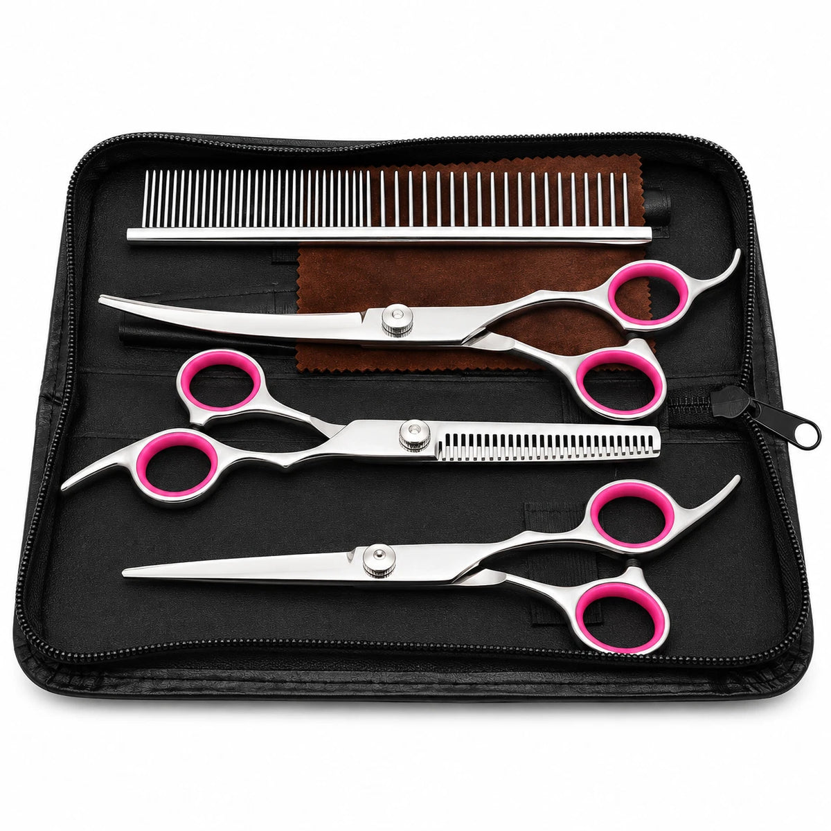 7" Dog Grooming Scissors Set Straight Curved Thinning Shears Stainless Steel