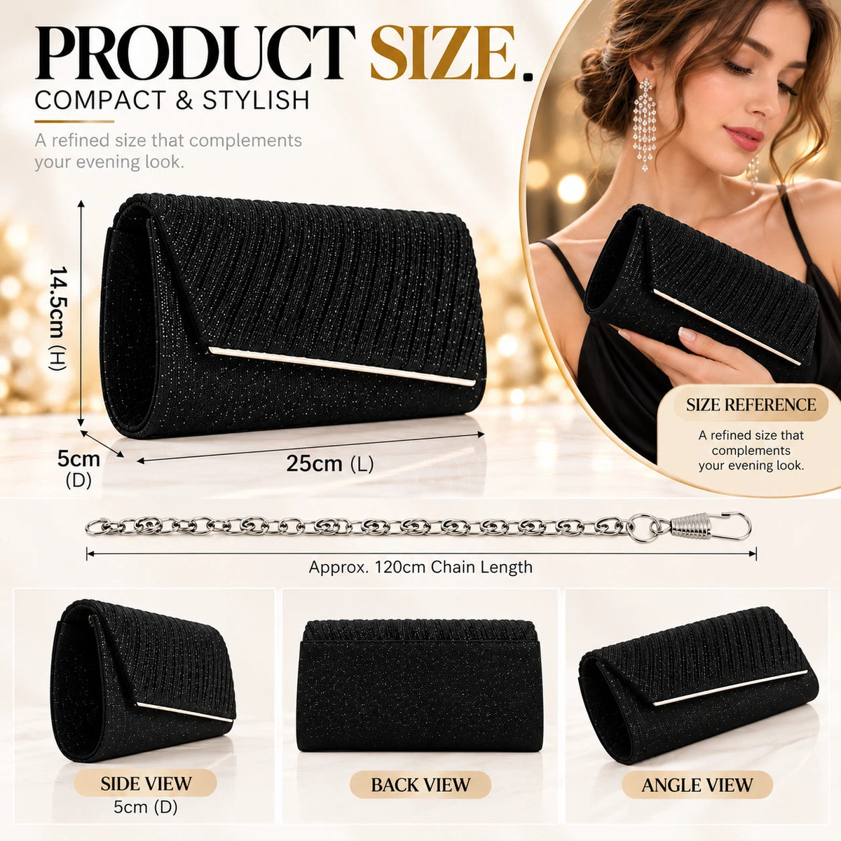 Women Sparkly Evening Clutch Bag Wedding Party Prom Handbag Shoulder Chain Purse