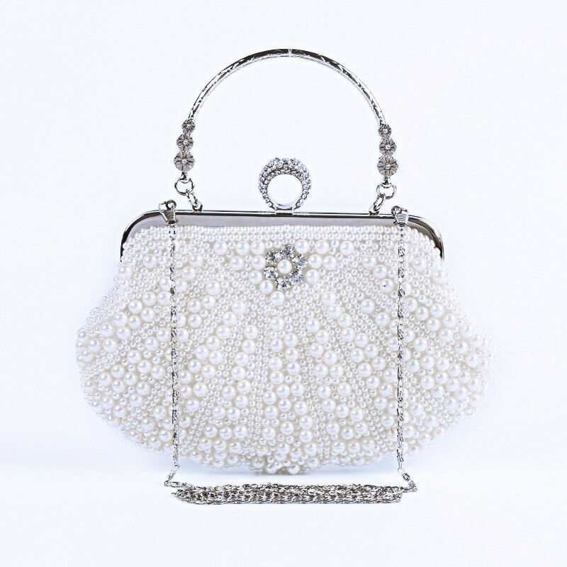 Women Sparkling Faux Pearl Bead Top Handle Bag Wedding Prom Party Evening Clutch