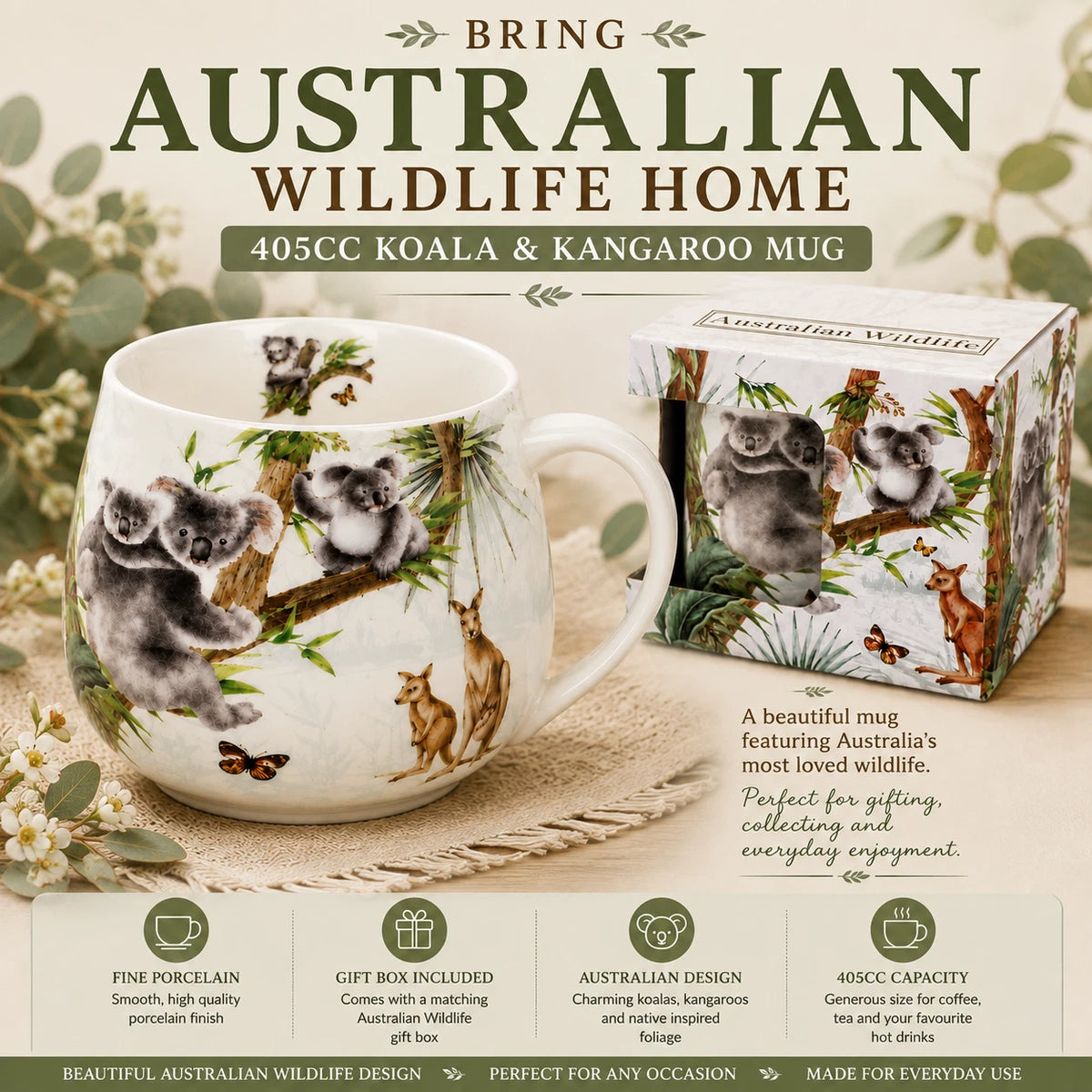 1-6x Australian Wildlife Koala Mug 400cc Fine Porcelain Coffee Tea Cup Gift Box