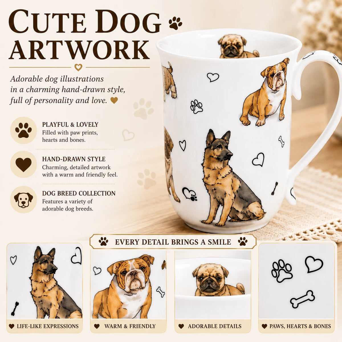 1-6x 405cc Cute Dog Fine Porcelain Mug Coffee Tea Cup Home Decor Gift Box