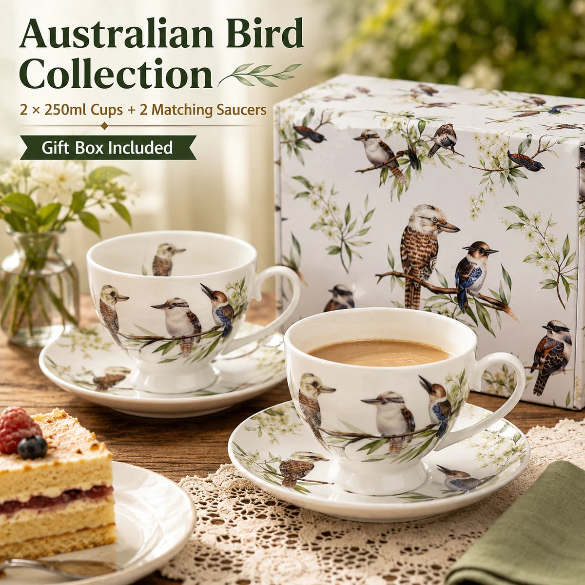 Set of 2 Cups & Saucers 250cc Australian Bird Kookaburra Fine Porcelain Gift Box