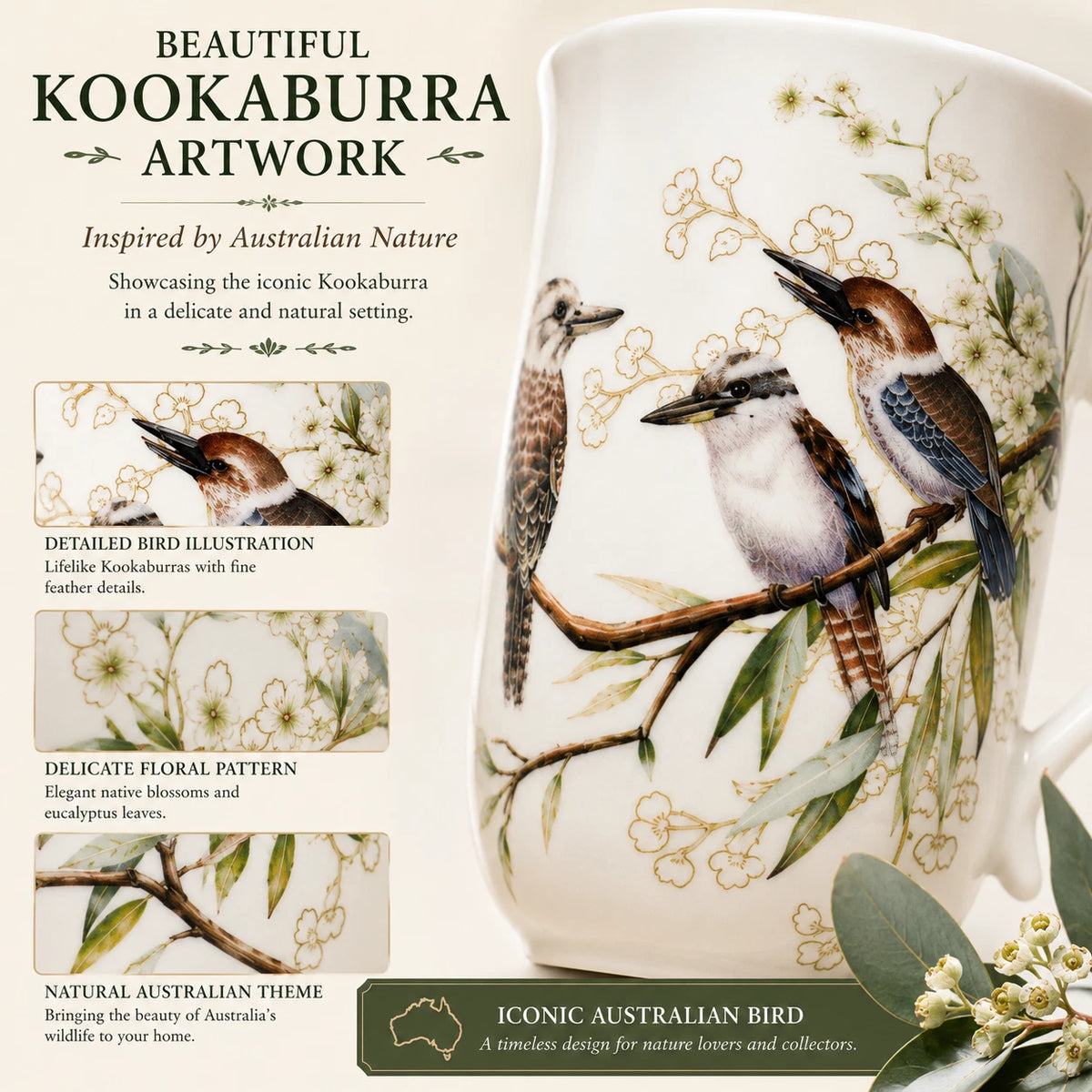 1-6x 405ml Fine Porcelain Kookaburra Mug Australian Bird Design Coffee Tea Cup Gifts