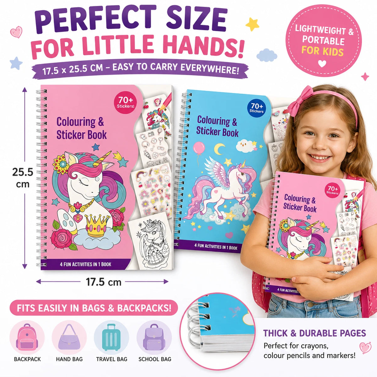 2x Creative Unicorn Colouring & Stickers Activity Book Kids Spiral Bound Craft Fun Pink & Blue Mixed Set