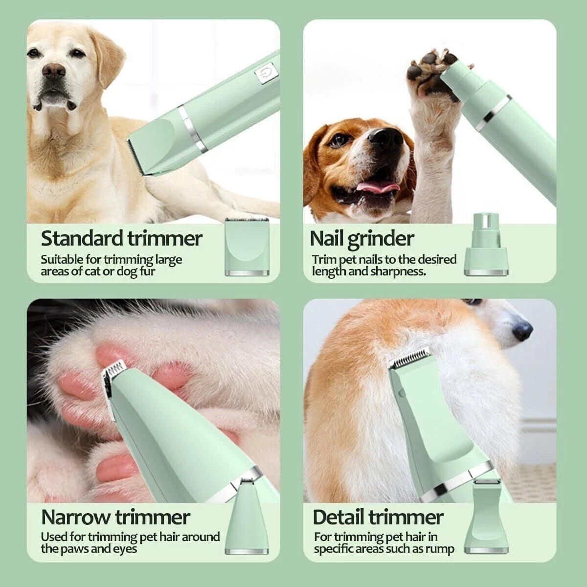 4 in 1 Pet Grooming Clipper Kit Dog Cat Hair Trimmer Nail Grinder Low-noise USB