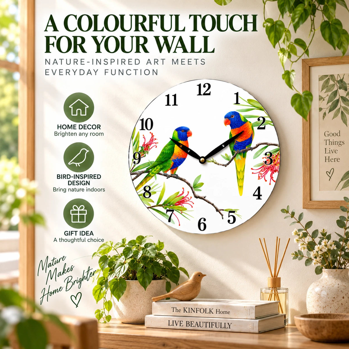 28.8cm Wall Clock Australian Birds Animal Wildlife MDF Round Home Decor